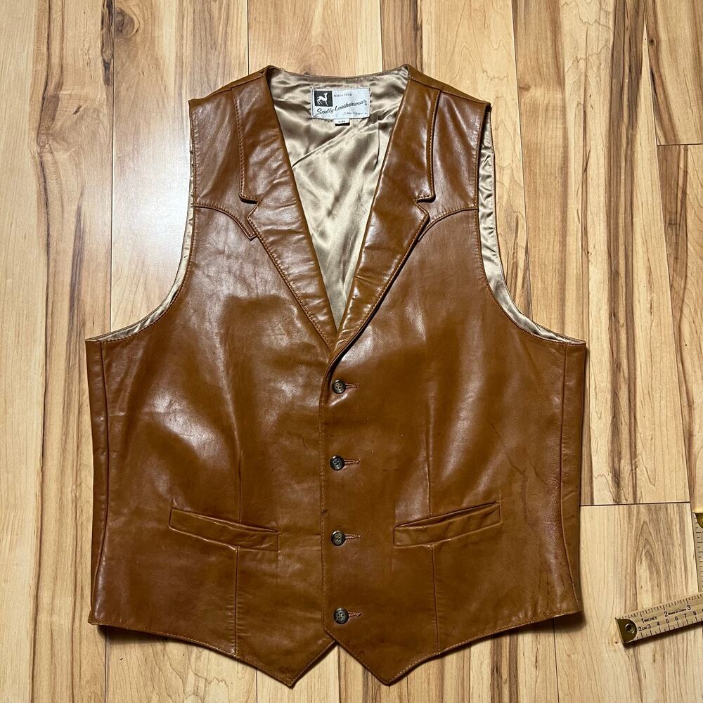 VINTAGE 70s Scully Leather Vest Cognac Western Size 44L Distressed Flawed READ